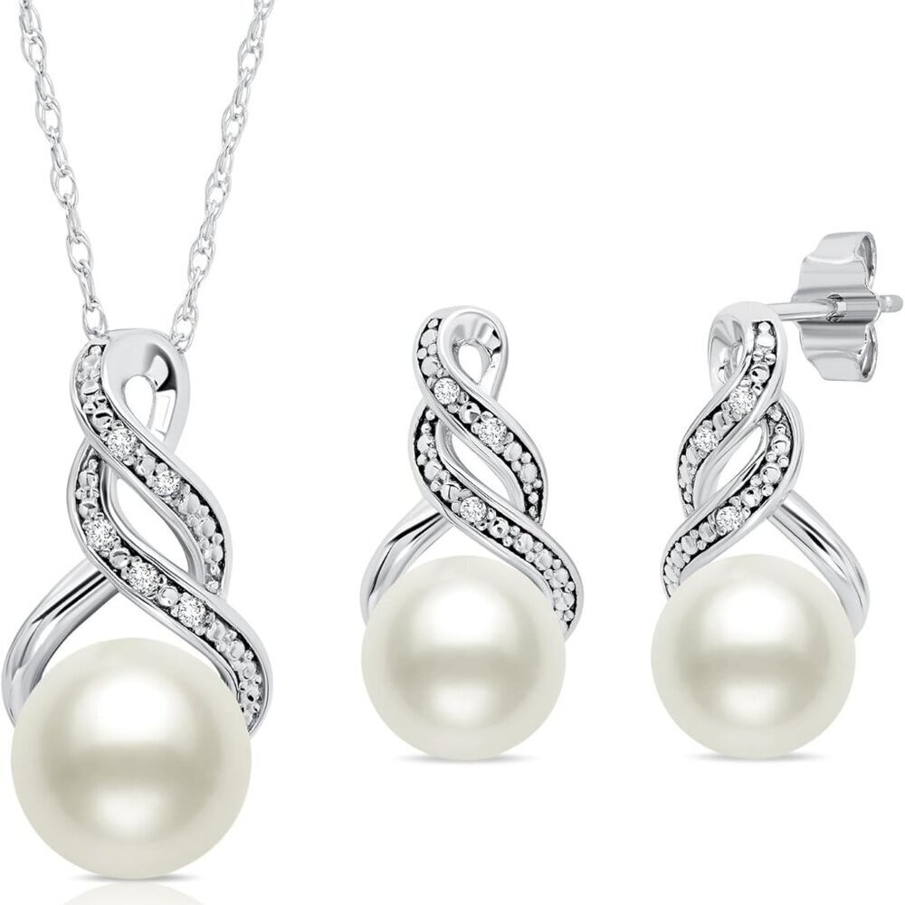 Sterling Silver Pearl Necklace and Earring Set with Diamonds Real Cultured Fresh